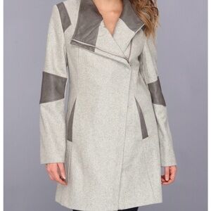Calvin Klein Wool Coat with Asymmetrical Zipper and Leather Accents - Sz S